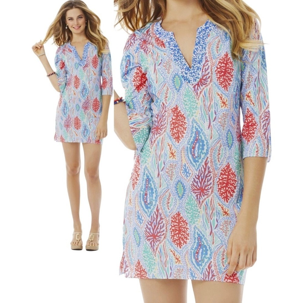 Lilly Pulitzer Courtney Tunic Dress Let Minnow Beaded Cotton Multicolor Size M